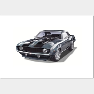 Chevy Camaro Muscle Car 1969 Steel Grey Posters and Art